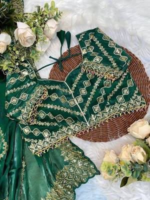 Green Color embroidery sequence work art silk saree 4