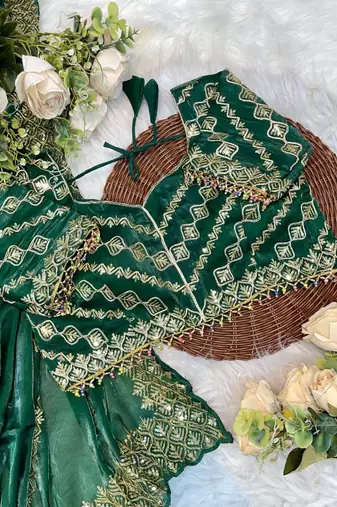 Green Color embroidery sequence work art silk saree