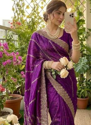 Lavender Color embroidery sequence work art silk saree 2