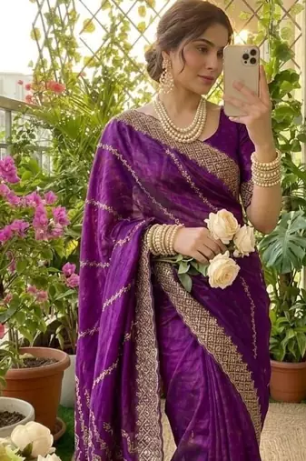 Lavender Color embroidery sequence work art silk saree
