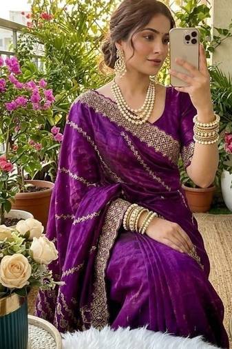 Lavender Color embroidery sequence work Silk Saree