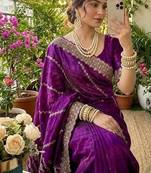 Lavender Color embroidery sequence work Silk Saree