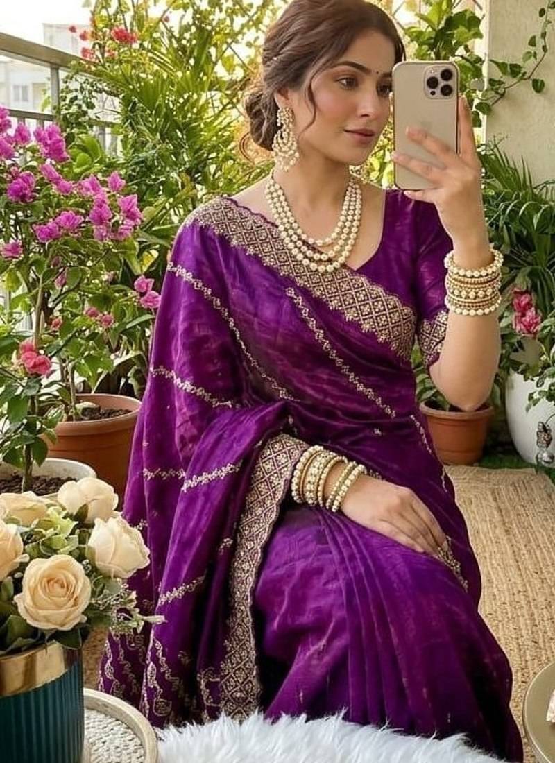 Lavender Color embroidery sequence work Silk Saree