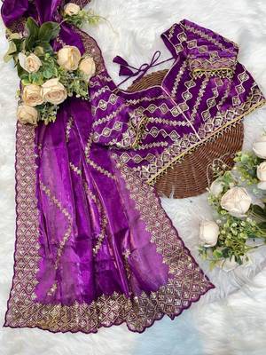 Lavender Color embroidery sequence work art silk saree 4