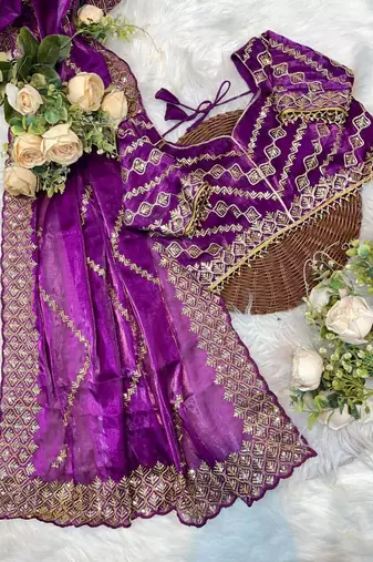 Lavender Color embroidery sequence work art silk saree