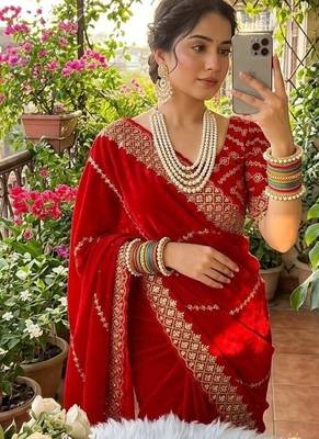 Red Color embroidery sequence work art silk saree 2
