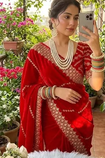 Red Color embroidery sequence work art silk saree