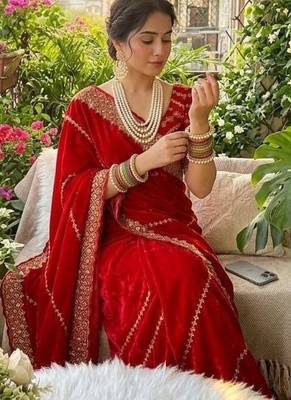 Red Color embroidery sequence work art silk saree 1