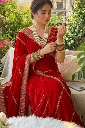 Red Color embroidery sequence work Silk Saree