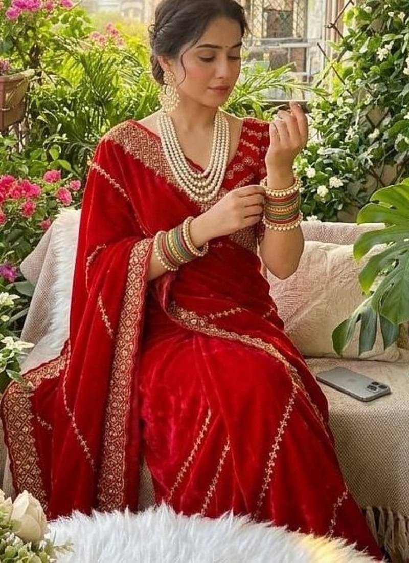 Red Color embroidery sequence work Silk Saree
