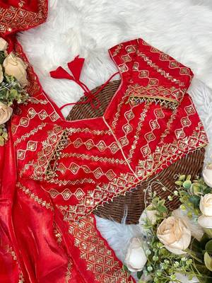 Red Color embroidery sequence work art silk saree 5