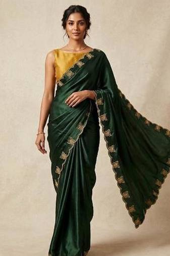 Gorgeous Chinon Saree With Amazing Zari Embroidery Border With And Contrast Blouse Piece