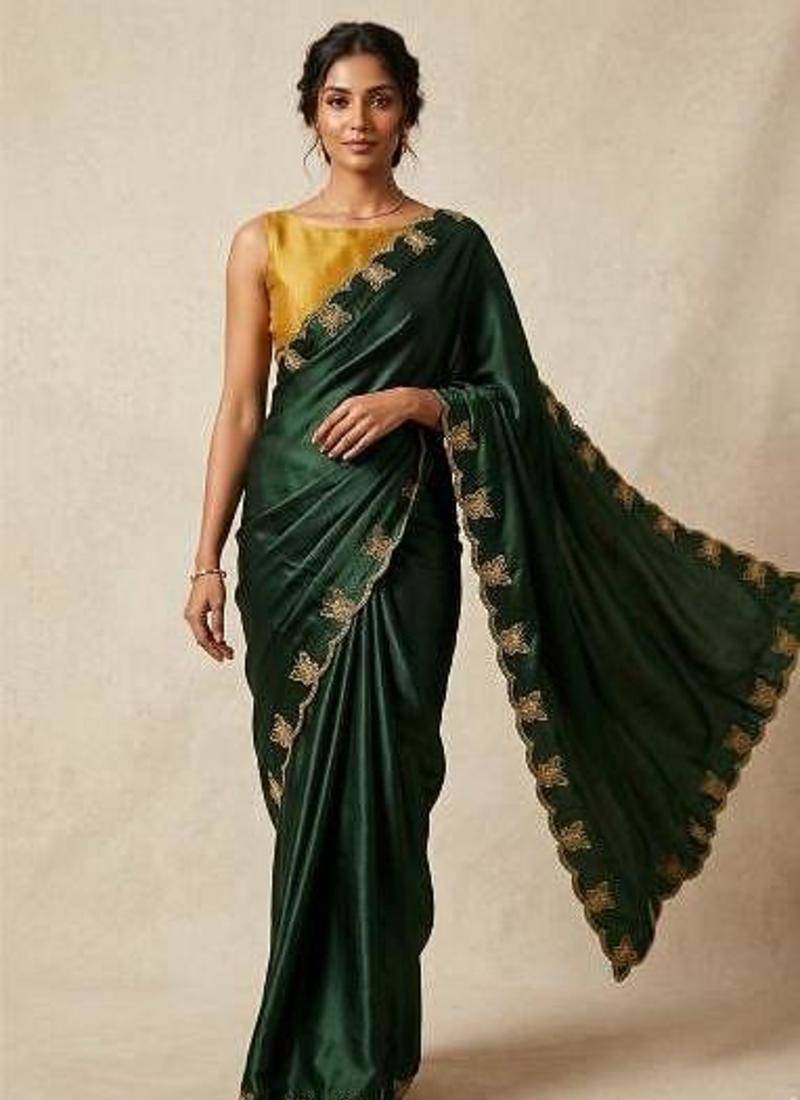 Gorgeous Chinon Saree With Amazing Zari Embroidery Border With And Contrast Blouse Piece
