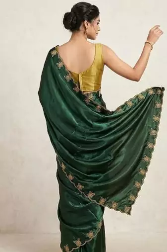 Gorgeous Chinon Saree With Amazing Zari Embroidery Border With And Contrast Blouse Piece