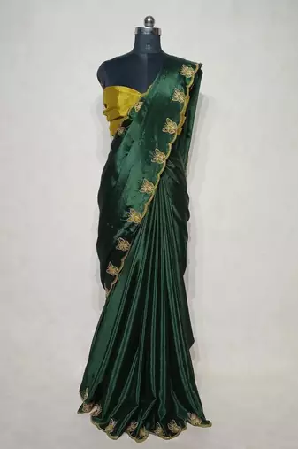 Gorgeous Chinon Saree With Amazing Zari Embroidery Border With And Contrast Blouse Piece