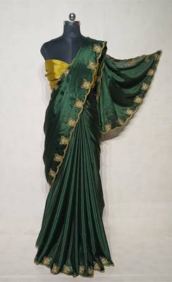 Gorgeous Chinon Saree With Amazing Zari Embroidery Border With And Contrast Blouse Piece 4