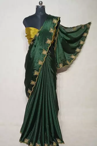 Gorgeous Chinon Saree With Amazing Zari Embroidery Border With And Contrast Blouse Piece