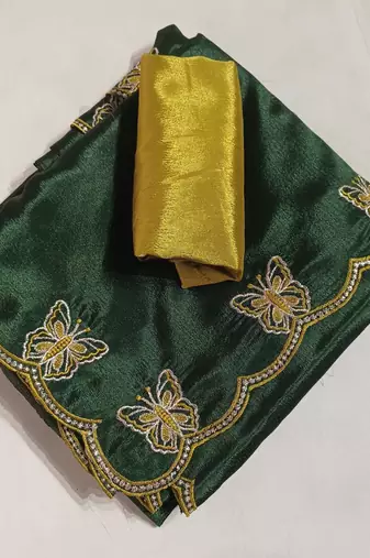 Gorgeous Chinon Saree With Amazing Zari Embroidery Border With And Contrast Blouse Piece