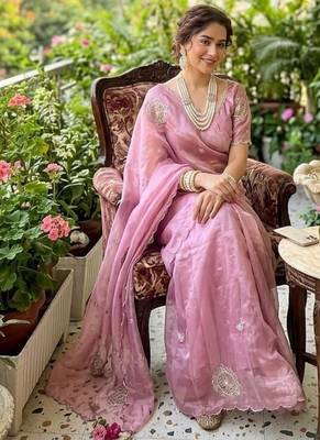 Light Pink Color embroidery beats work art silk saree 1