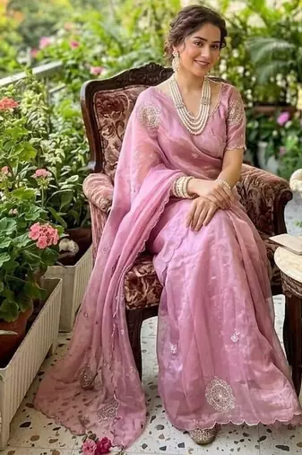 Light Pink Color embroidery beats work Silk Saree