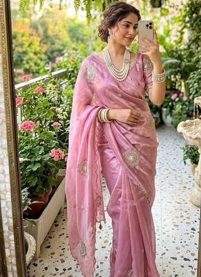 Light Pink Color embroidery beats work art silk saree 2