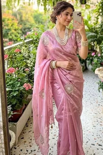 Light Pink Color embroidery beats work art silk saree