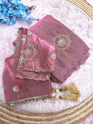 Light Pink Color embroidery beats work art silk saree 3