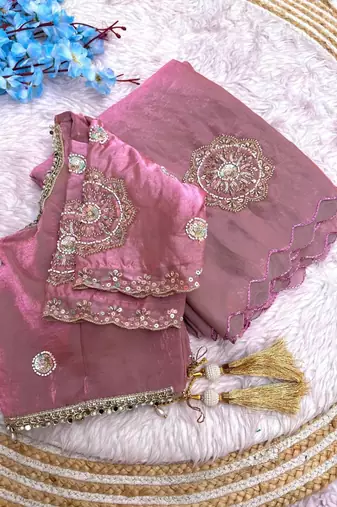 Light Pink Color embroidery beats work art silk saree