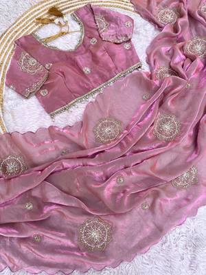 Light Pink Color embroidery beats work art silk saree 4