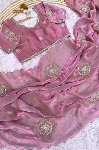 Light Pink Color embroidery beats work art silk saree