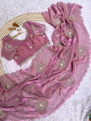 Light Pink Color embroidery beats work art silk saree 5