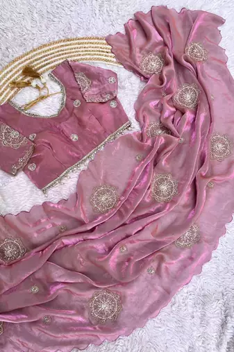 Light Pink Color embroidery beats work art silk saree