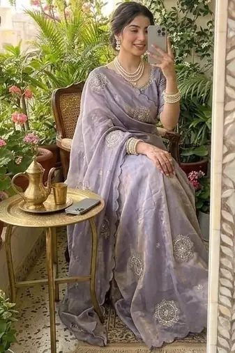Light Purple Color embroidery beats work Silk Saree