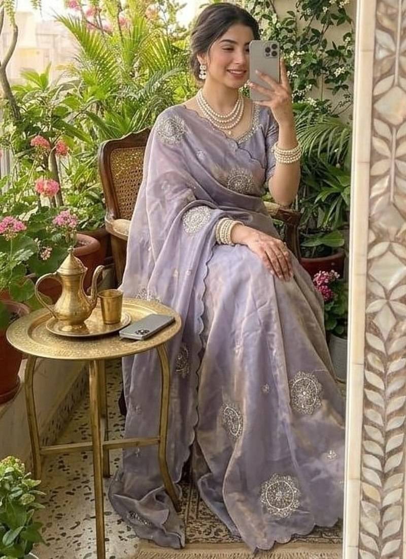 Light Purple Color embroidery beats work Silk Saree