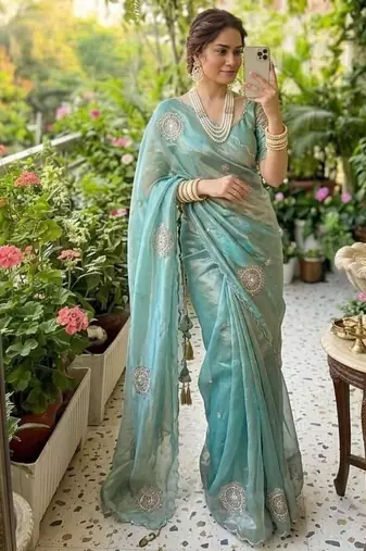 Sky Blue Color embroidery beats work Silk Saree