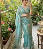 Sky Blue Color embroidery beats work Silk Saree
