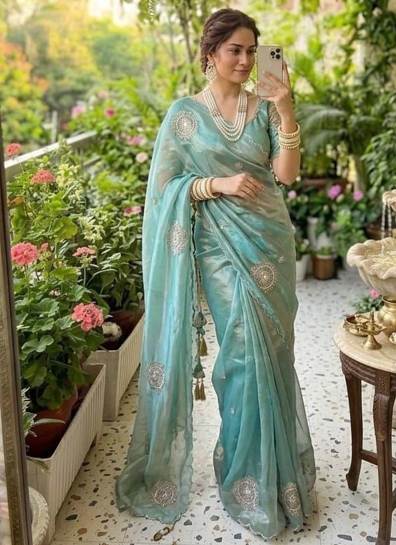 Sky Blue Color embroidery beats work Silk Saree