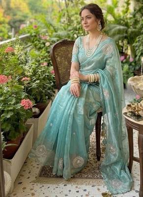 Sky Blue Color embroidery beats work art silk saree 2