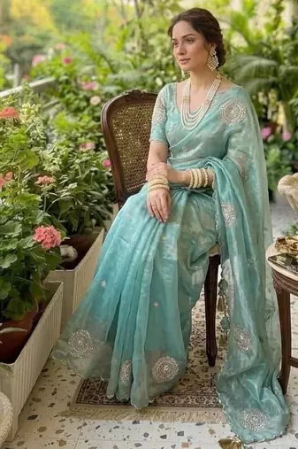 Sky Blue Color embroidery beats work art silk saree