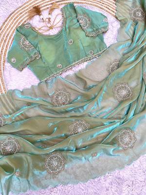Sky Blue Color embroidery beats work art silk saree 3