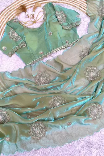 Sky Blue Color embroidery beats work art silk saree