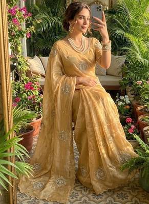 Yellow Color embroidery beats work art silk saree 1