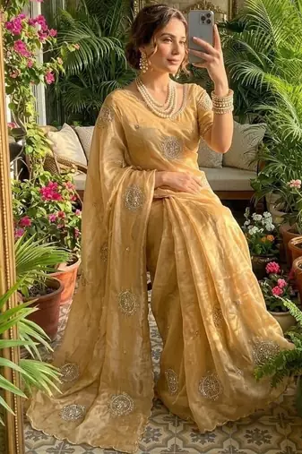 Yellow Color embroidery beats work Silk Saree