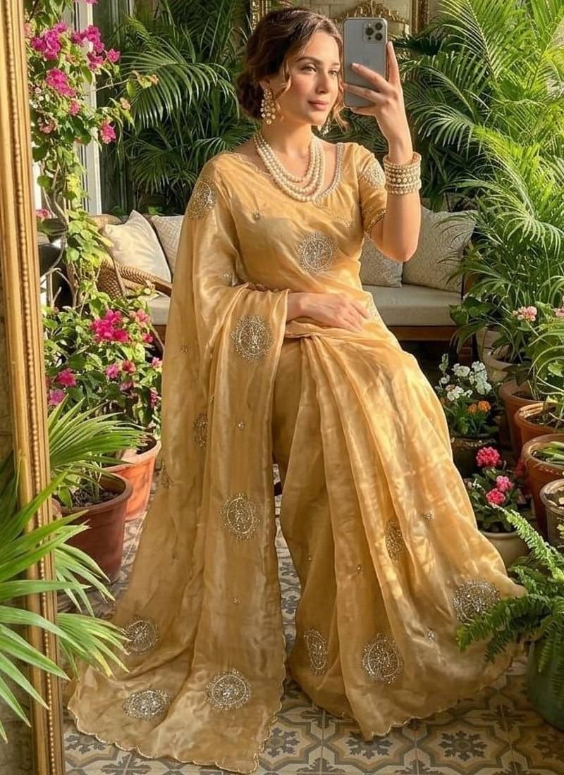 Yellow Color embroidery beats work Silk Saree