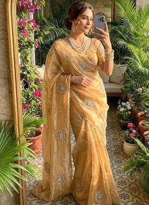 Yellow Color embroidery beats work art silk saree 2