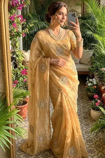 Yellow Color embroidery beats work art silk saree