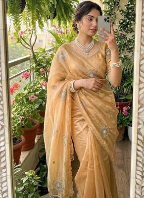 Yellow Color embroidery beats work art silk saree 3