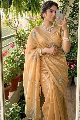 Yellow Color embroidery beats work art silk saree