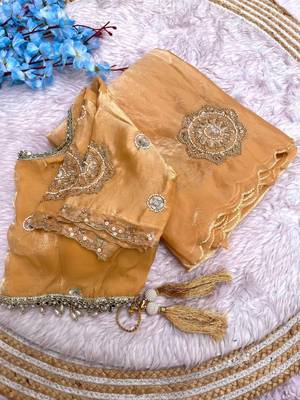 Yellow Color embroidery beats work art silk saree 4