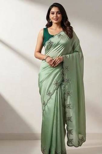 Gorgeous Chinon Saree With Amazing Zari Embroidery Border With And Contrast Blouse Piece